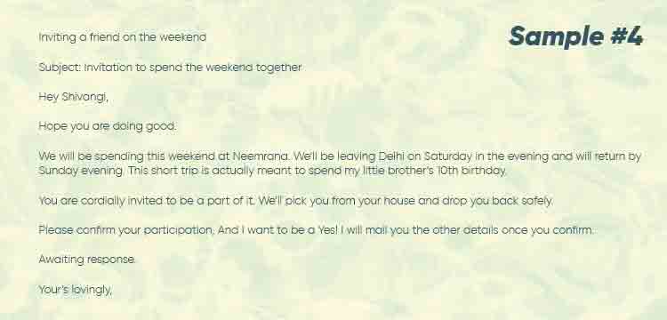 Email writing sample-  Invitation to spend the weekend together